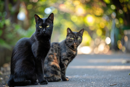 Two black cats sitting on the road in the garden. Selective focus.の素材