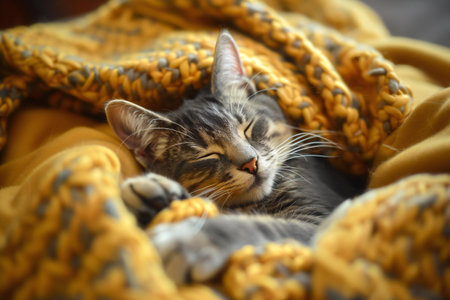 Cute tabby kitten sleeping under warm plaid, closeupの素材