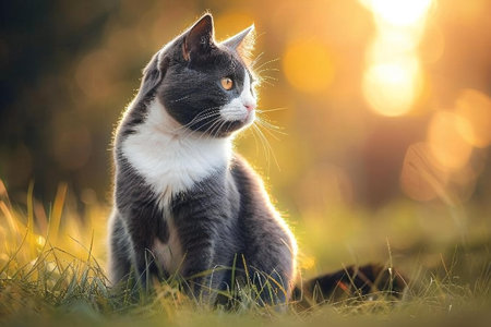Beautiful cat sitting on the grass in the garden at sunset.の素材