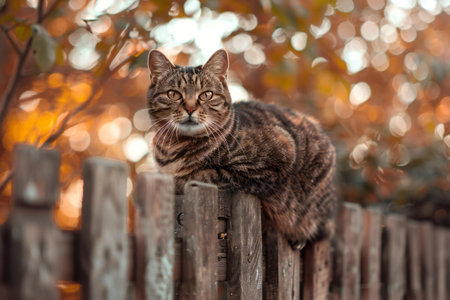 Portrait of a tabby cat sitting on a wooden fence in the autumn parkの素材