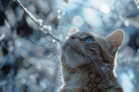 ginger cat on the background of a winter forest and snowflakesの素材