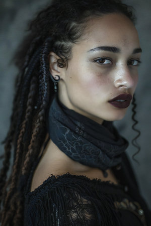 Portrait of a beautiful girl with dreadlocks in a black dressの素材
