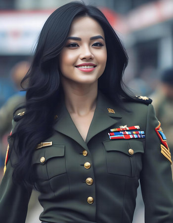 Beautiful asian woman in a military uniform on the street.の素材