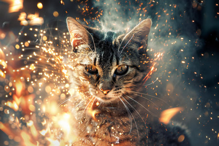 Portrait of a tabby cat in the forest with sparks.の素材