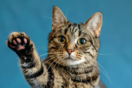 Cute tabby cat on blue background, close-up.の素材