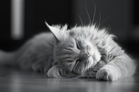 Siberian cat sleeping on the floor, black and white photoの素材