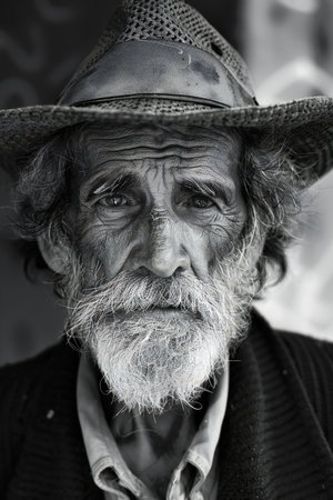 Old man with a long beard and mustache in black and white.の素材