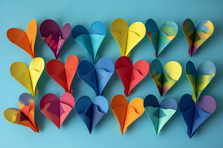 Colorful origami paper hearts on blue background, top view.の素材