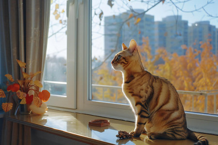 Bengal cat sitting on the windowsill in the autumn.の素材