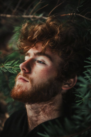 Portrait of a man with red hair and beard in a forestの素材