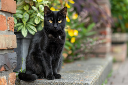 Black cat sitting on a brick wall with yellow flowers in the backgroundの素材