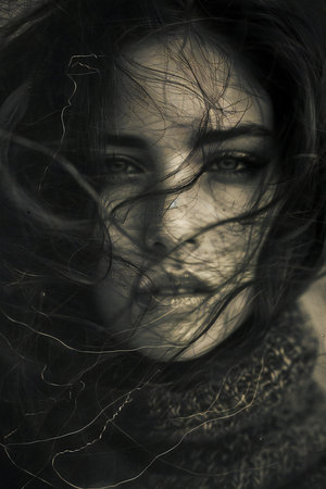 Portrait of a beautiful woman with long hair in the wind.の素材