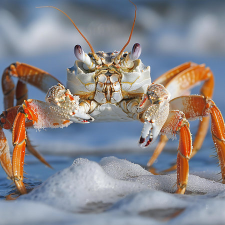 3D rendering of a sea crab on the beach with water in the backgroundの素材