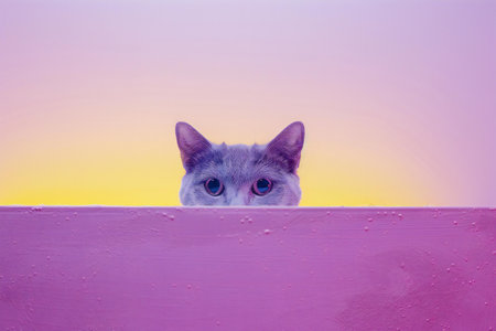 Siamese cat peeking out from behind a pink wall.の素材
