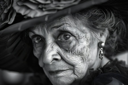 Portrait of an old woman in a hat. Black and white.の素材