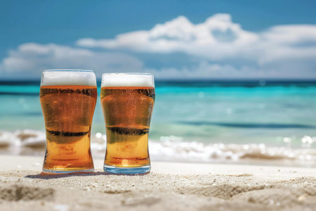 Two glasses of beer on the beach with turquoise sea backgroundの素材