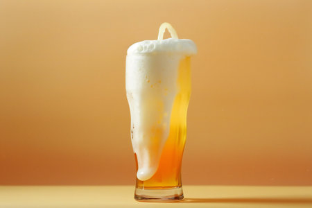 Glass of beer with foam on beige background, close-upの素材