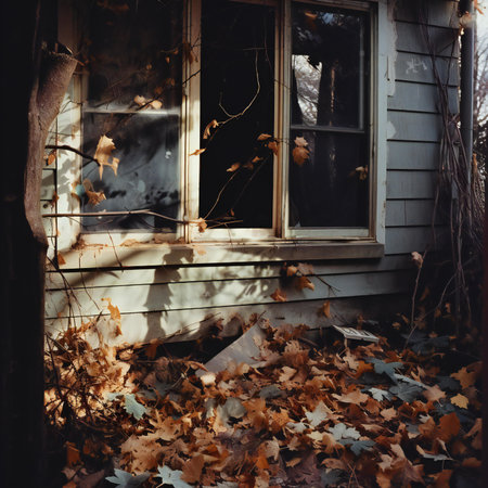 Abandoned house in the autumn forest. Fallen maple leaves on the windowsill.の素材