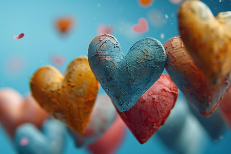 Colorful hearts on blue background, 3d rendering. Computer digital drawing.の素材