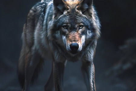 Portrait of a wolf in the dark forest. Wildlife scene from nature.の素材