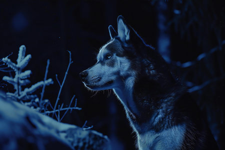 Alaskan Malamute in the dark forest at night.の素材
