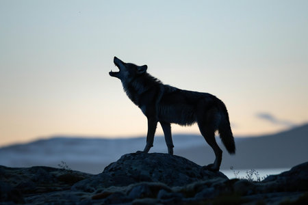 Black wolf standing on a rock and looking at the camera at sunsetの素材