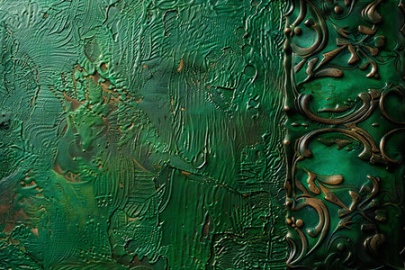 Green grunge wall with metal ornament. Abstract background for design.の素材