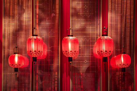 Chinese lanterns on the background of a red curtain with space for textの素材