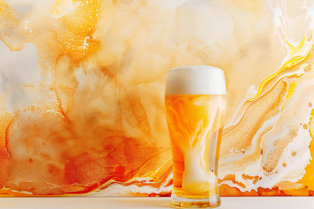 glass of beer on a colored background with yellow and orange splashesの素材