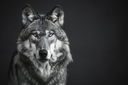 Black and white portrait of a wolf in a photo studio on a black backgroundの素材