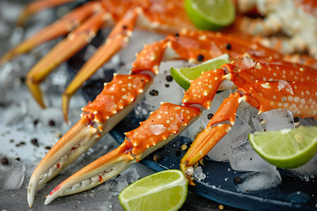 Crab claws with ice and lime on grey background, closeupの素材