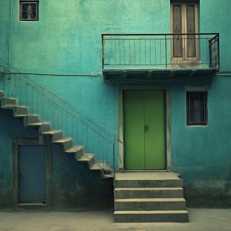 Blue building with green door and stairs in Essaouira, Moroccoの素材