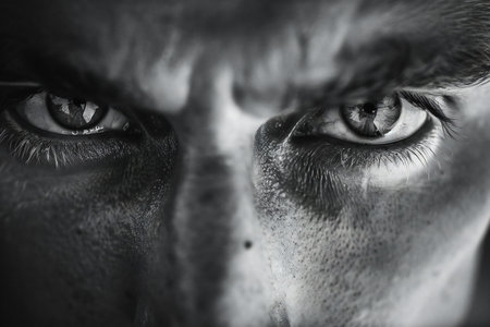 Close-up of a man's eyes. Black and white.の素材