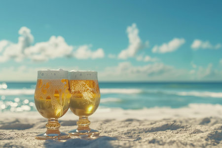 Two glasses of beer on the sandy beach with sea and sky backgroundの素材