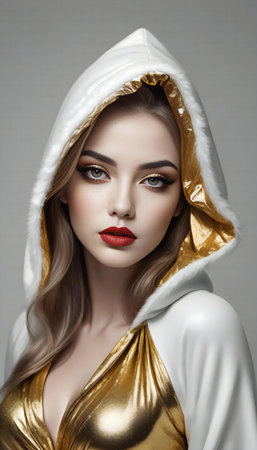 Portrait of a beautiful young woman in a golden dress with a hood. Beauty, fashion.の素材
