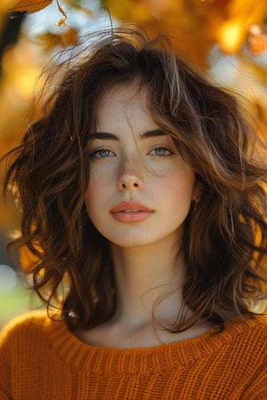 Close up portrait of beautiful young brunette woman in autumn park.の素材
