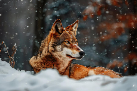 Warm portrait of a wolf in the winter forest on a background of falling snowの素材