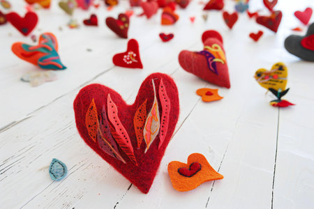 Valentine's day background with red hearts on white wooden backgroundの素材