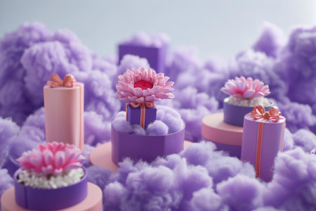 Birthday cake with flowers and gift boxes on the purple background.の素材