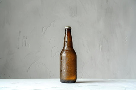 Brown beer bottle on the white wooden table and gray wall background.の素材