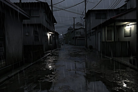 Houses on the street at night in the city of Takayama, Japan.の素材