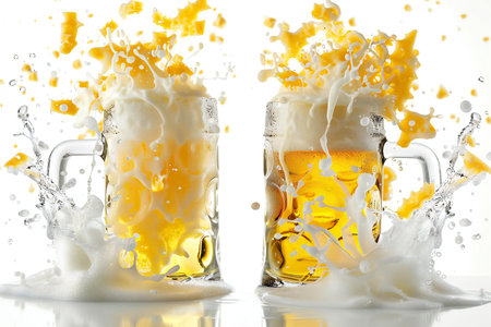 Two glasses of beer with splashes and drops isolated on white backgroundの素材