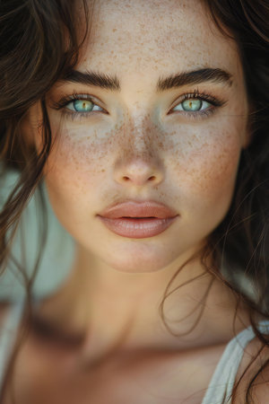 Close up portrait of a beautiful young woman with freckles and green eyesの素材