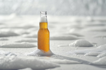 Bottle of beer with foam on white background, closeup. Space for textの素材