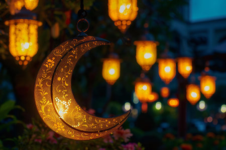 Lanterns in the shape of the crescent at nightの素材