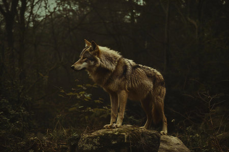 Grey wolf standing on a rock in a dark forest in autumn.の素材