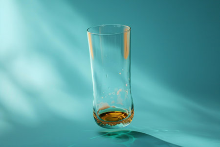 Empty glass with water on blue background. Reflection in water.の素材