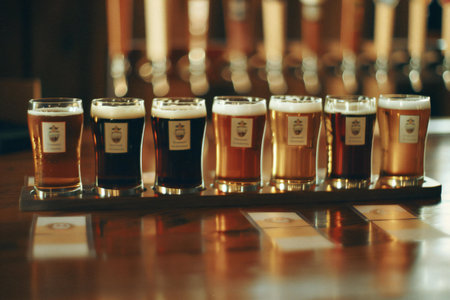 Beer glasses on a bar counter in a pub or restaurant. Selective focus.の素材