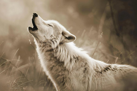 Portrait of a wild wolf in the field. Toned.の素材