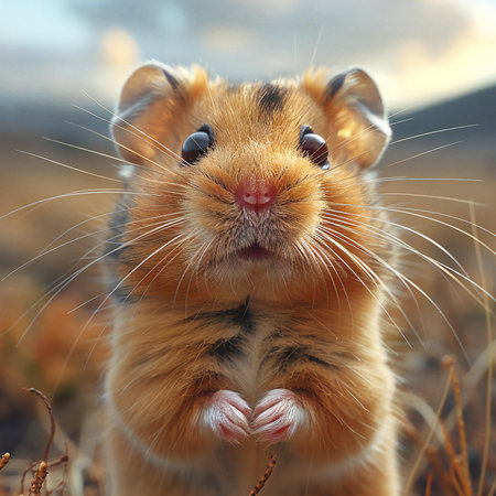 Hamster on the background of the setting sun. Portrait of a hamster.の素材